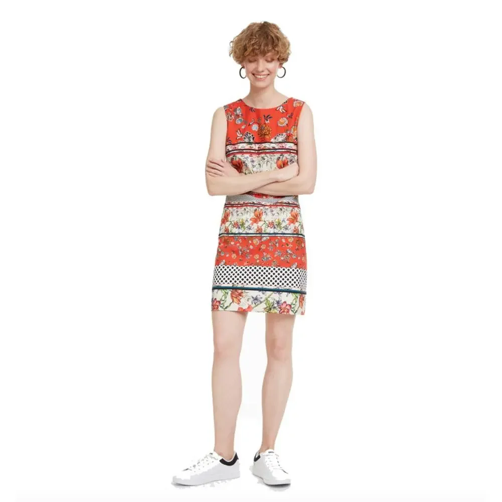 DESIGUAL Red White Mixed Print Sleeveless Polka Dot Karin Mini Dress Size EU 40